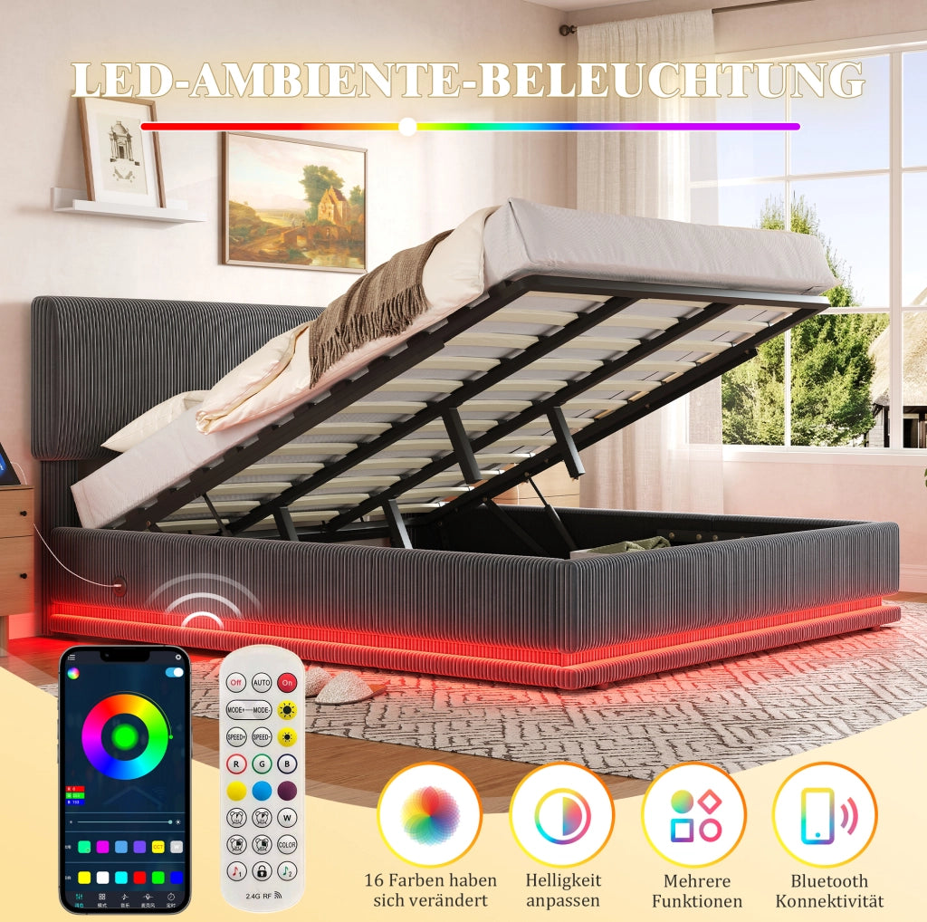 Letto imbottito 180x200 cm grigio scuro con LED e USB-C