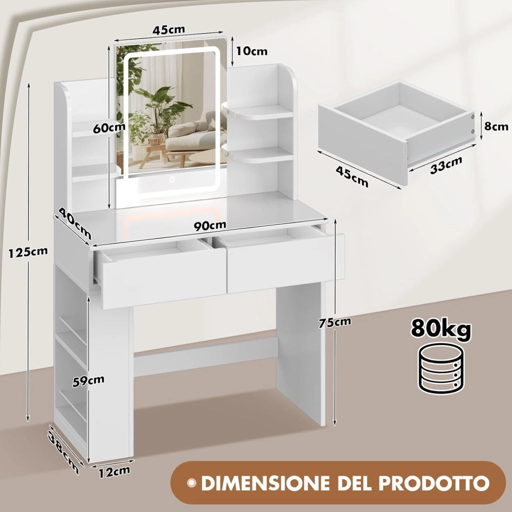 Toeletta Trucco con Luci LED 3 con Luminosità Regolabile,Tavolo da Trucco con Specchio, Ripiani Regolabili, 2 Cassetti, in Legno,Moderno (Bianco, 90cm)
