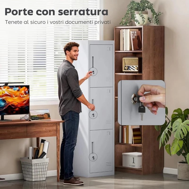 ARMADIO PER UFFICIO IN ACCIAIO A 3 PORTE INDIPENDENTI CON SERRATURA E 2 CHIAVI, 45X38X180 CM, GRIGIO CHIARO
