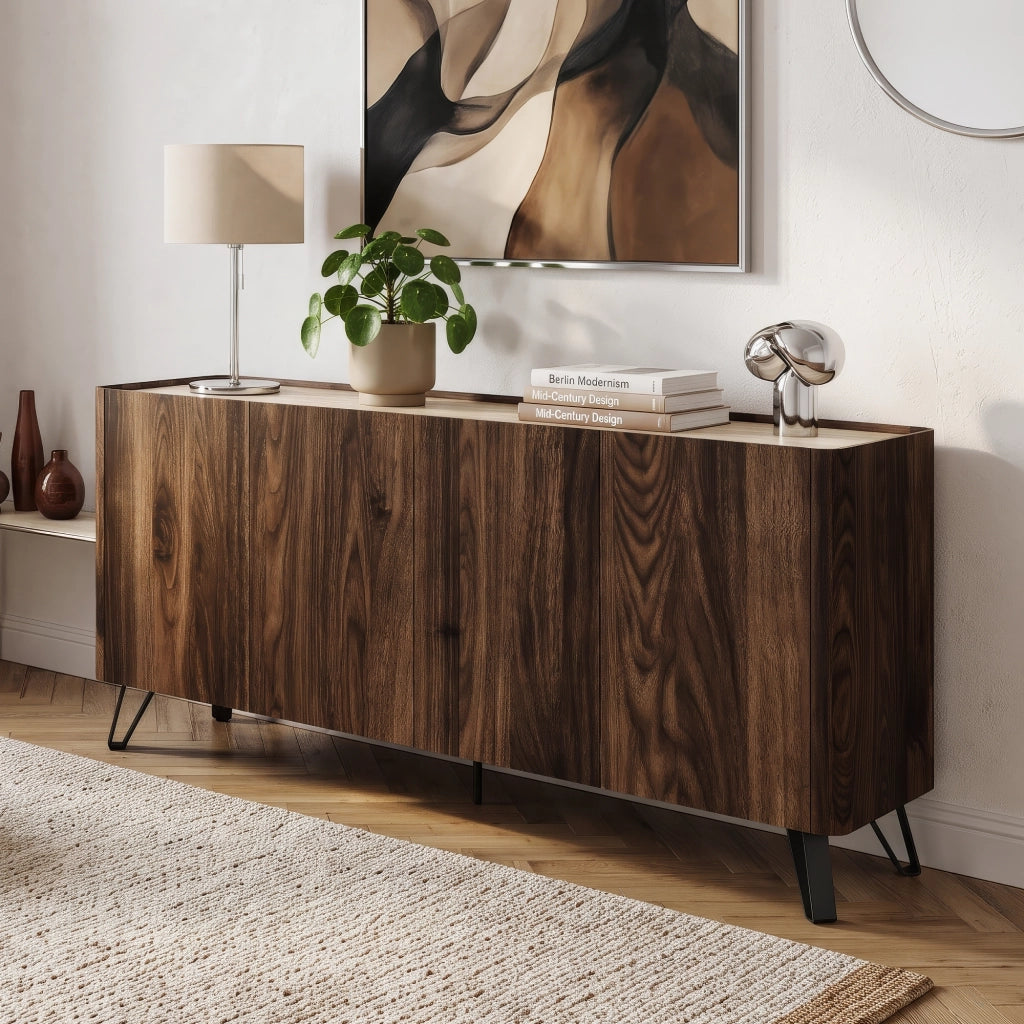 Madia Trorlon a 4 Ante Credenza Buffet 160 x 40 x 83 cm - Effetto Noce/Travertino [en.casa]