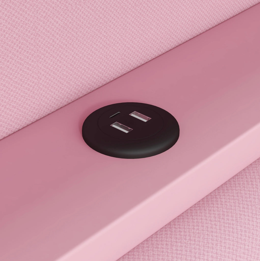 Letto da giorno imbottito rosa 90x200 con LED, USB, letto estraibile e scrivania