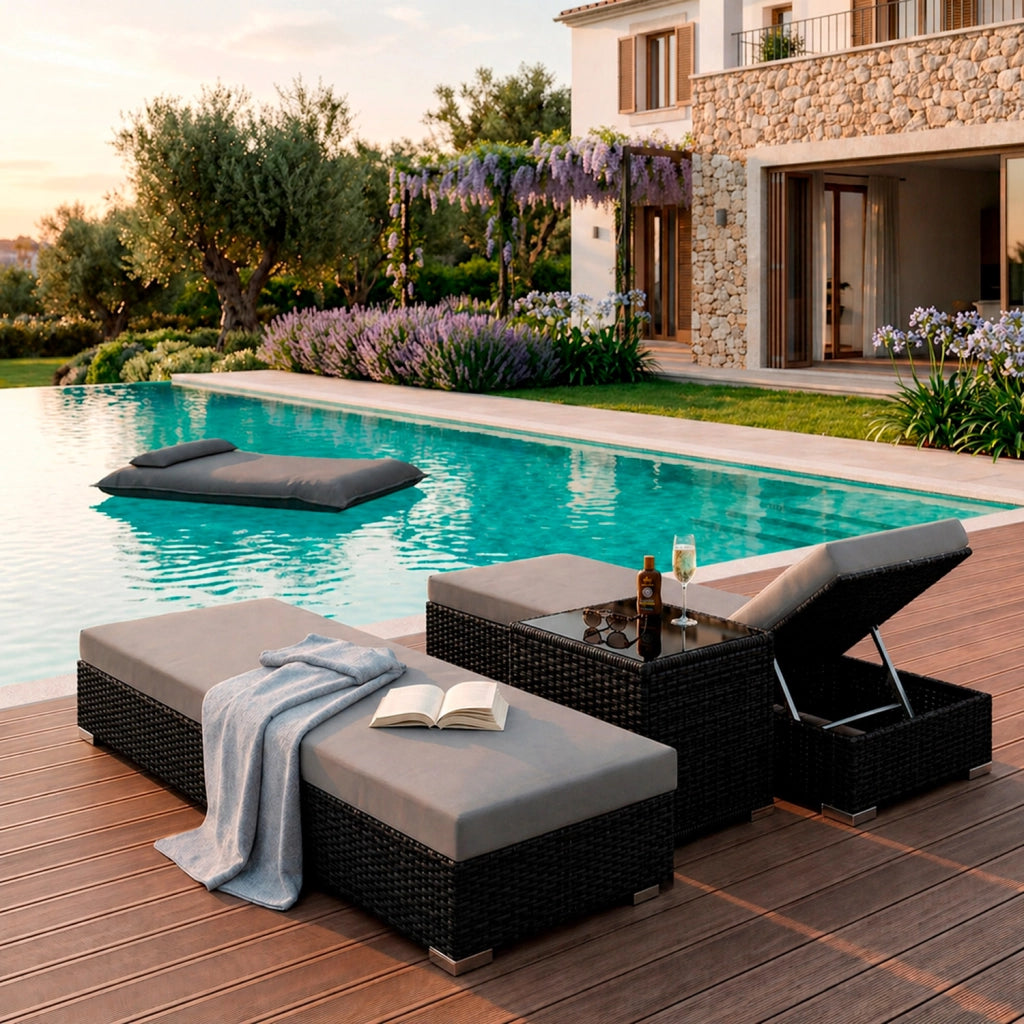 Set 2 Lettini Prendisole In Polyrattan Con Tavolino Contenitore E Cuscini Schienale Regolabile 5 Posizioni Sdraio Da Giardino Terrazzo Piscina Relax Outdoor Arredo Esterno 184 x 60 x 21 Cm Nero E Grigio