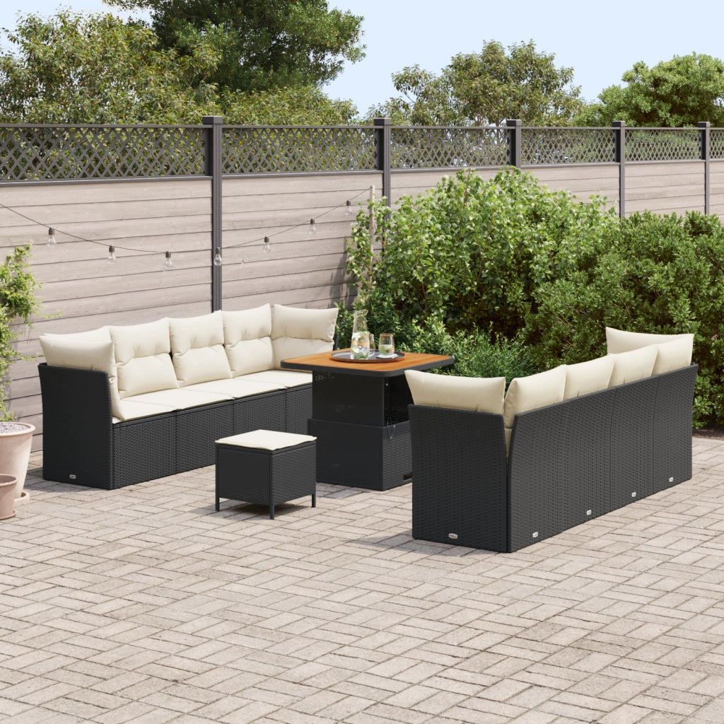 Set giardino  11 pezzi con cuscini polyrattan nero e acacia