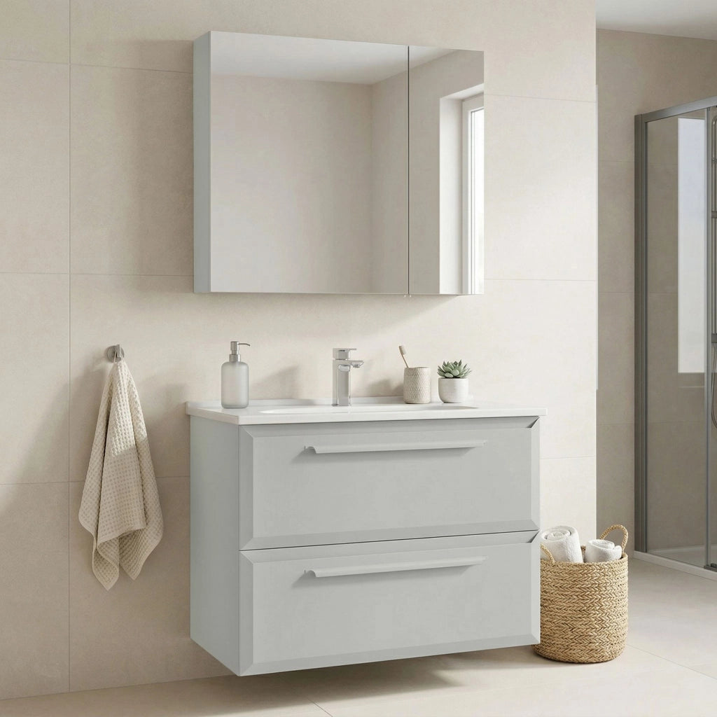 Set mobile lavabo con specchio (2 pezzi) "Nuvola 80 v2" - 80 x 50 x 62 cm - Cashmere