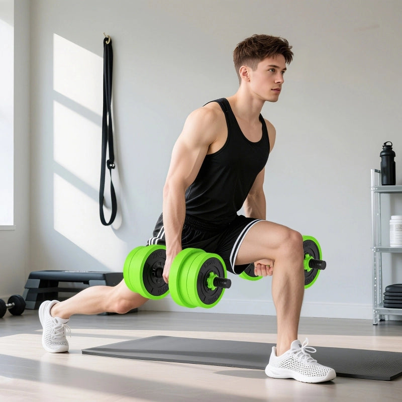 Set di manubri 4 in 1 da 20 kg con manubri regolabili, bilanciere, kettlebell e maniglie per flessioni, colore verde.