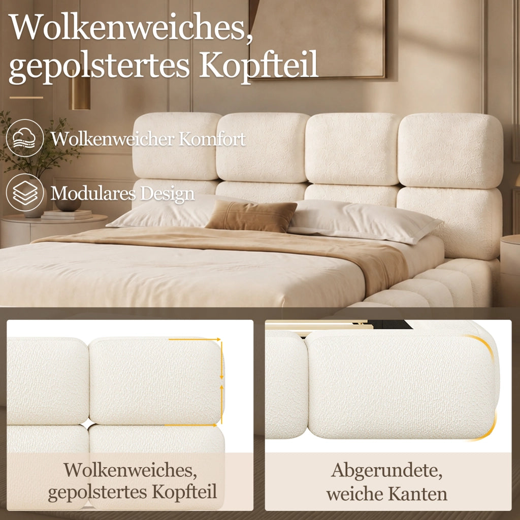 Letto contenitore matrimoniale 160 × 200 cm con sollevamento idraulico, senza materasso, in bouclé, bianco