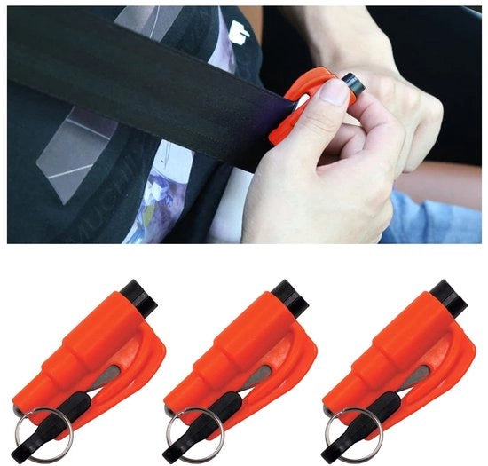 Accessorio di sicurezza 2-in-1 - Noodmes/gordelsnijder - Glasbreker - Porta chiavi - Stampa a martello in acciaio - 35 x 75 mm - Martello di sicurezza