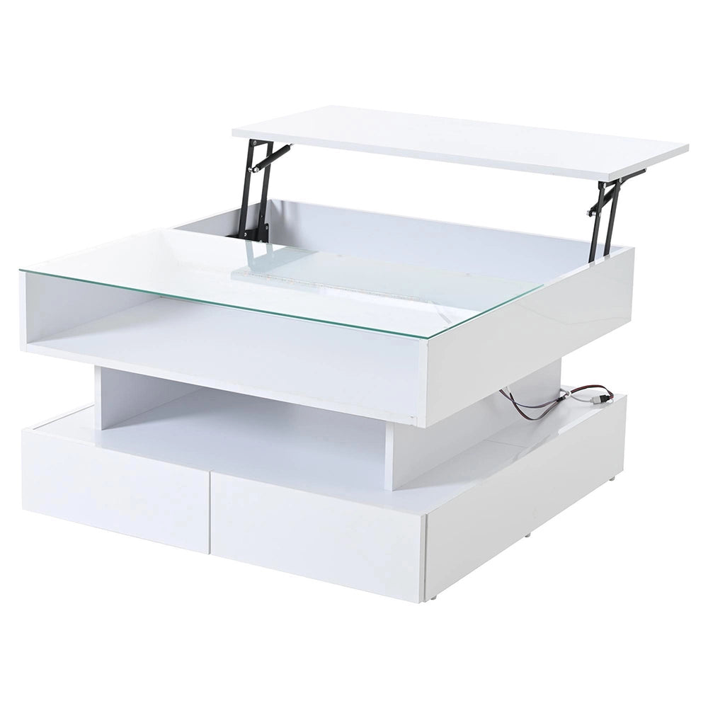 Tavolino regolabile - Xylo - 80x80cm vetro temperato 2 cassetti LED bianco