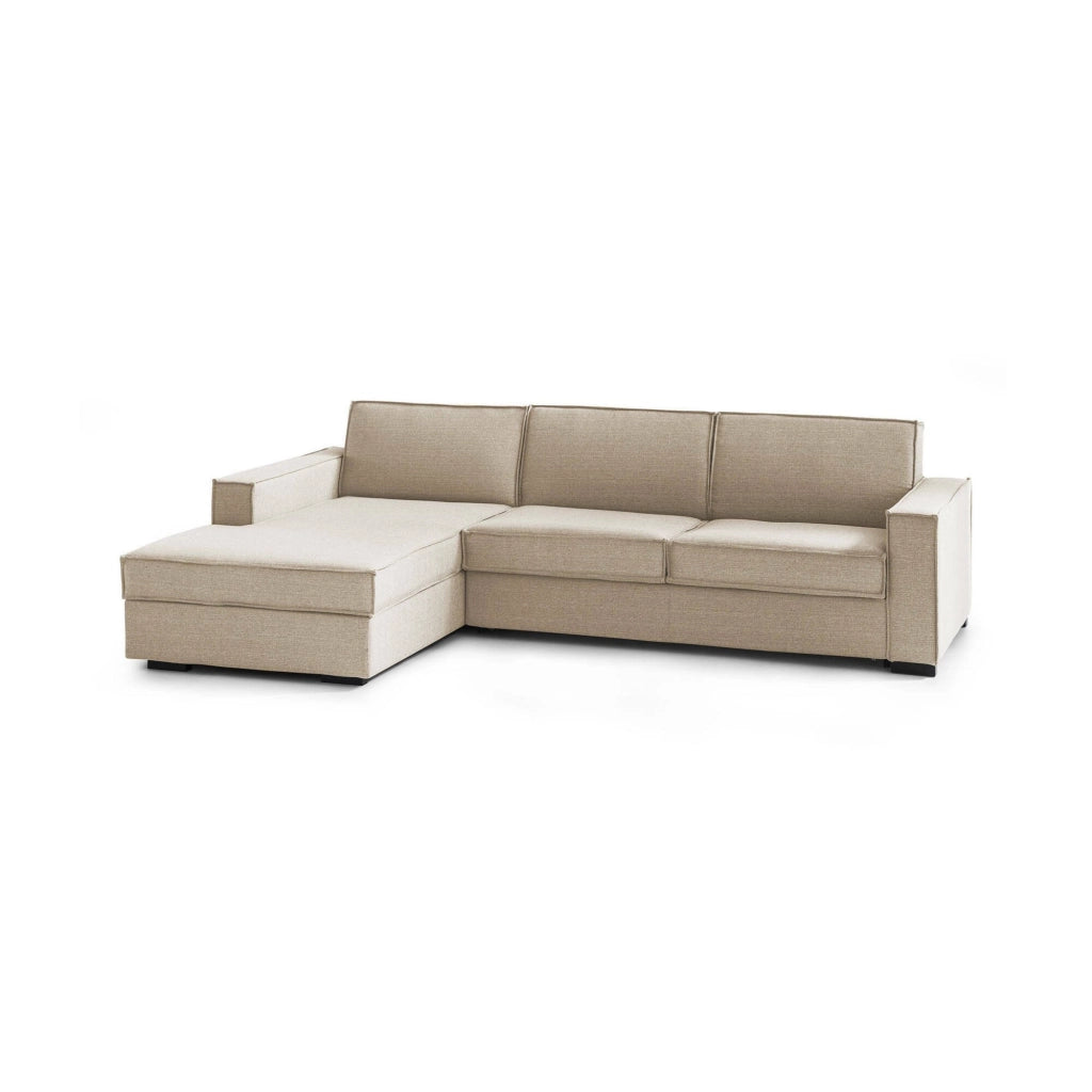 Divano fisso Anila, Divano ad angolo, Made in Italy, SofÒ  Soggiorno con, penisola contenitore Sinistra, con Braccioli standard, cm 280x95h90, Beige