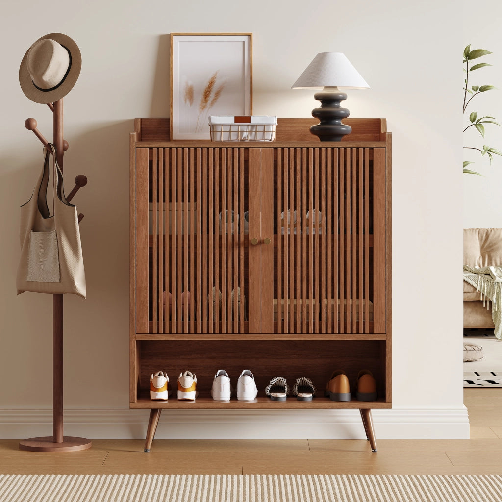 Scarpiera con 2 ante e vano aperto, ripiano fisso, per ingresso, in MDF e pino, noce, 80 × 35 × 105 cm