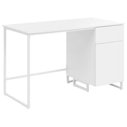 Scrivania da ufficio per casa in MDF bianco chiaro, 120 x 60 cm, struttura in acciaio con cassetto e vano chiuso, design moderno e minimalista