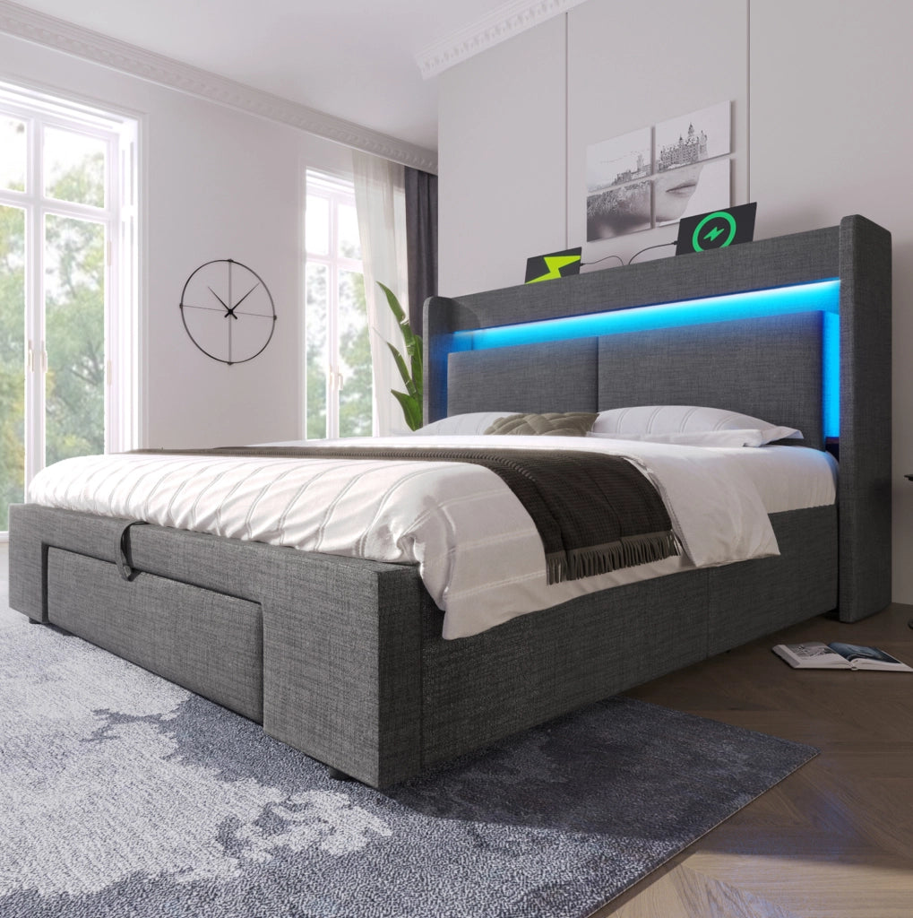 Letto imbottito 140x200 cm con contenitore idraulico; LED; USB e USB-C; lino grigio