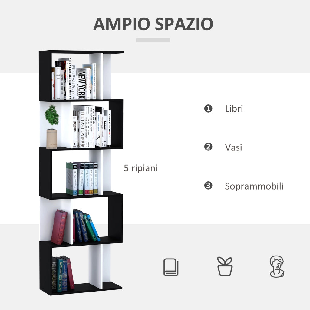 Mobile Libreria in Legno a 5 Ripiani con Divisorio, 60x24x184.5 cm, Bianco e Nero