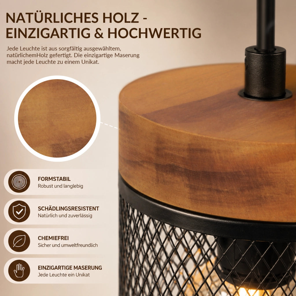 ZMH Lampada a Sospensione 3 Luci Nero Legno Vintage E14 Industriale per Soggiorno Sala da Pranzo Cafe Senza Lampadina