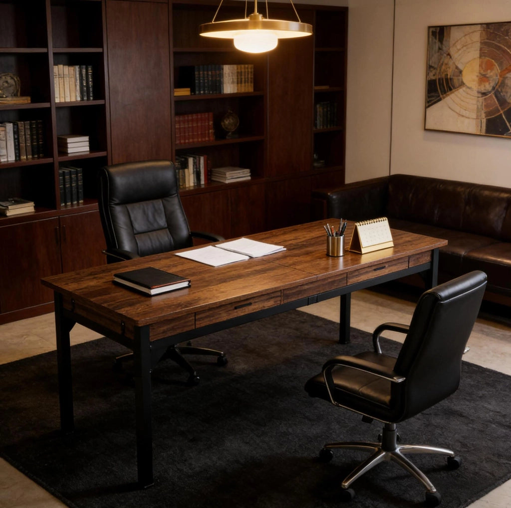 Scrivania doppia ULEVR 200x60x82 cm per 2 persone con 2 cassetti e 2 ganci, nero e marrone rustico