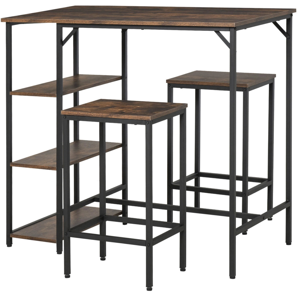 EasyComfort Set Tavolo Alto con 2 Sgabelli e Scaffale Stile Industriale in Metallo e Legno, Arredamento Moderno Bar e Cucina, Marrone Rustico