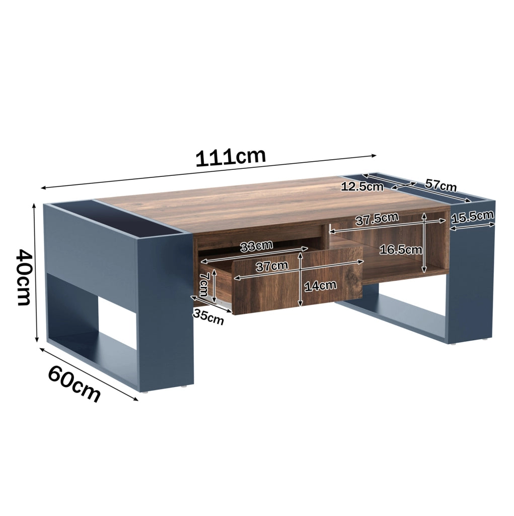 Tavolino da caffè con cassetto e vani contenitore 111 cm