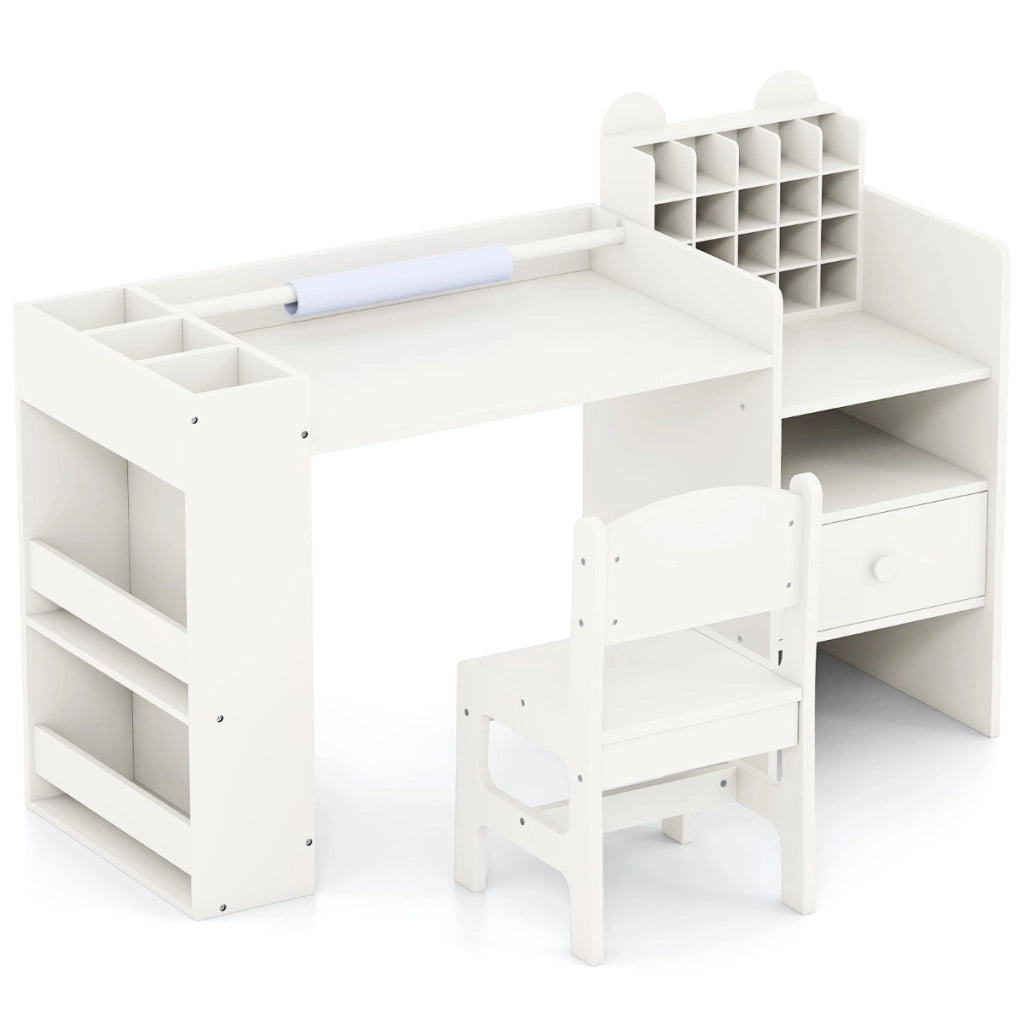 Set tavolo e sedia per bambini con porta rotolo carta rimovibile con mobile cubo, Tavolo lettura e disegno Bianco-Tavoli e sedie