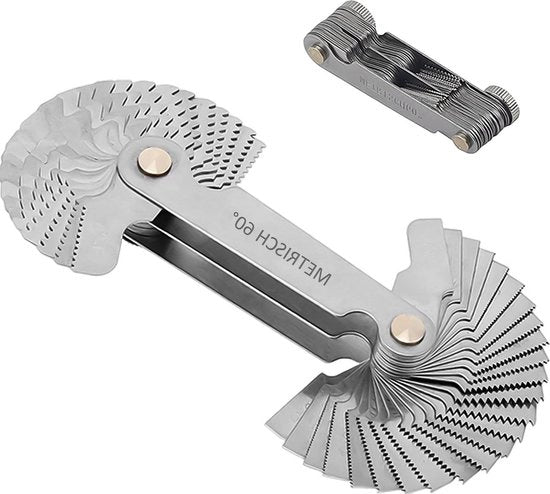 Draadmeter con Precisiometro in RVS con Manopola a Scorrimento per Misurazione della Larghezza di Filettatura 60 Gradi Imperial 55 Gradi Metrischi.