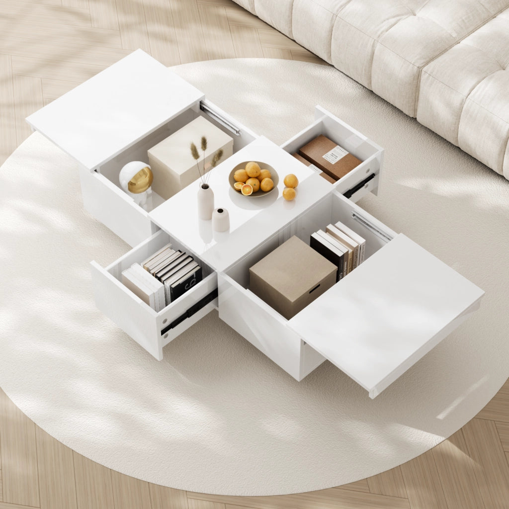 Tavolino da Salotto con 2 Cassetti e Vani Contenitore Nascosti Push Pull; Bianco Lucido; Stile Moderno; in Pannelli di Particelle; 100×50×31 cm