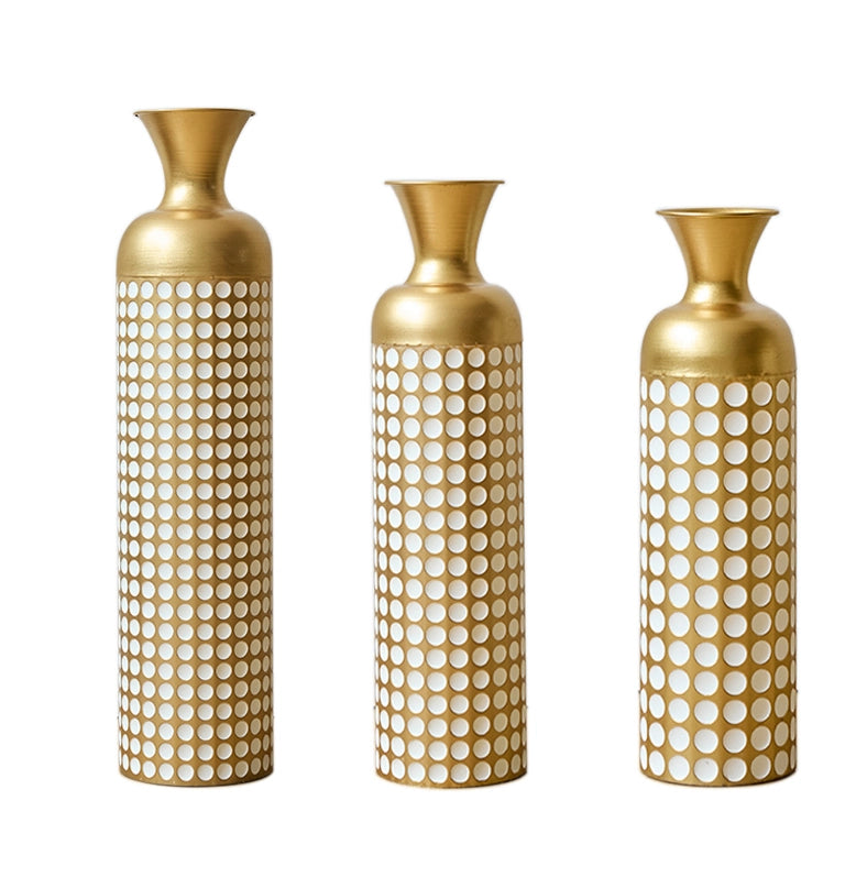 Set di 3 vasi da pavimento in metallo dorato e bianco, per fiori secchi