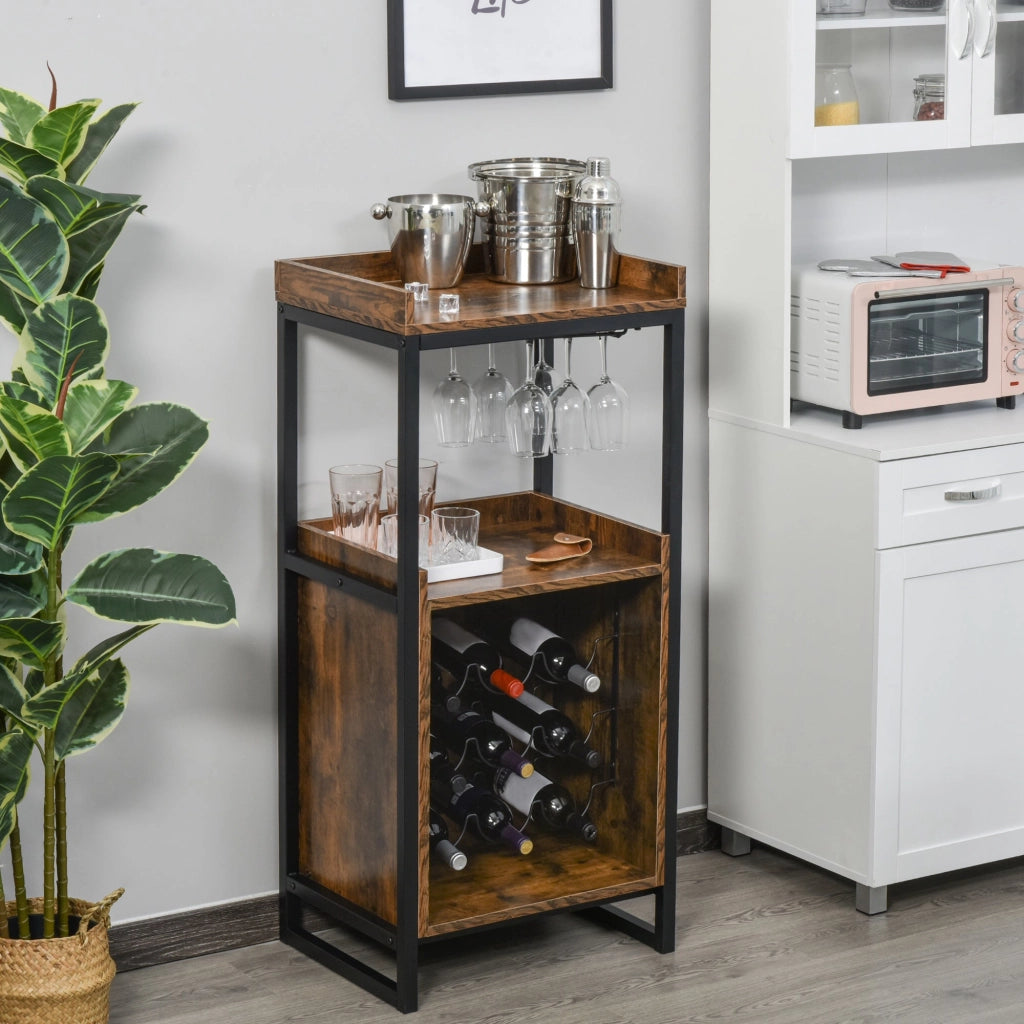 Mobile Portabottiglie Stile Industriale con Cantinetta Vini per 9 Bottiglie e Portacalici   Marrone