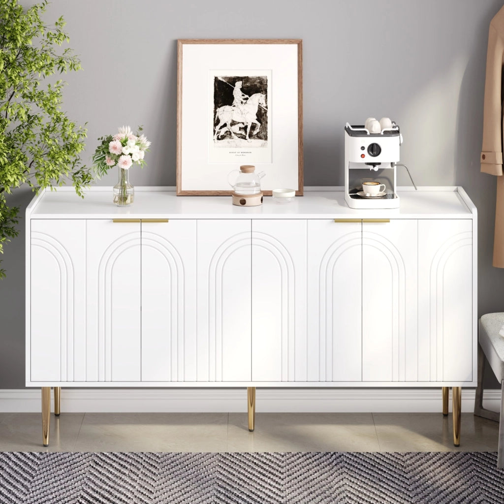 Credenza moderna bianca 140 cm con 4 ante e gambe dorate