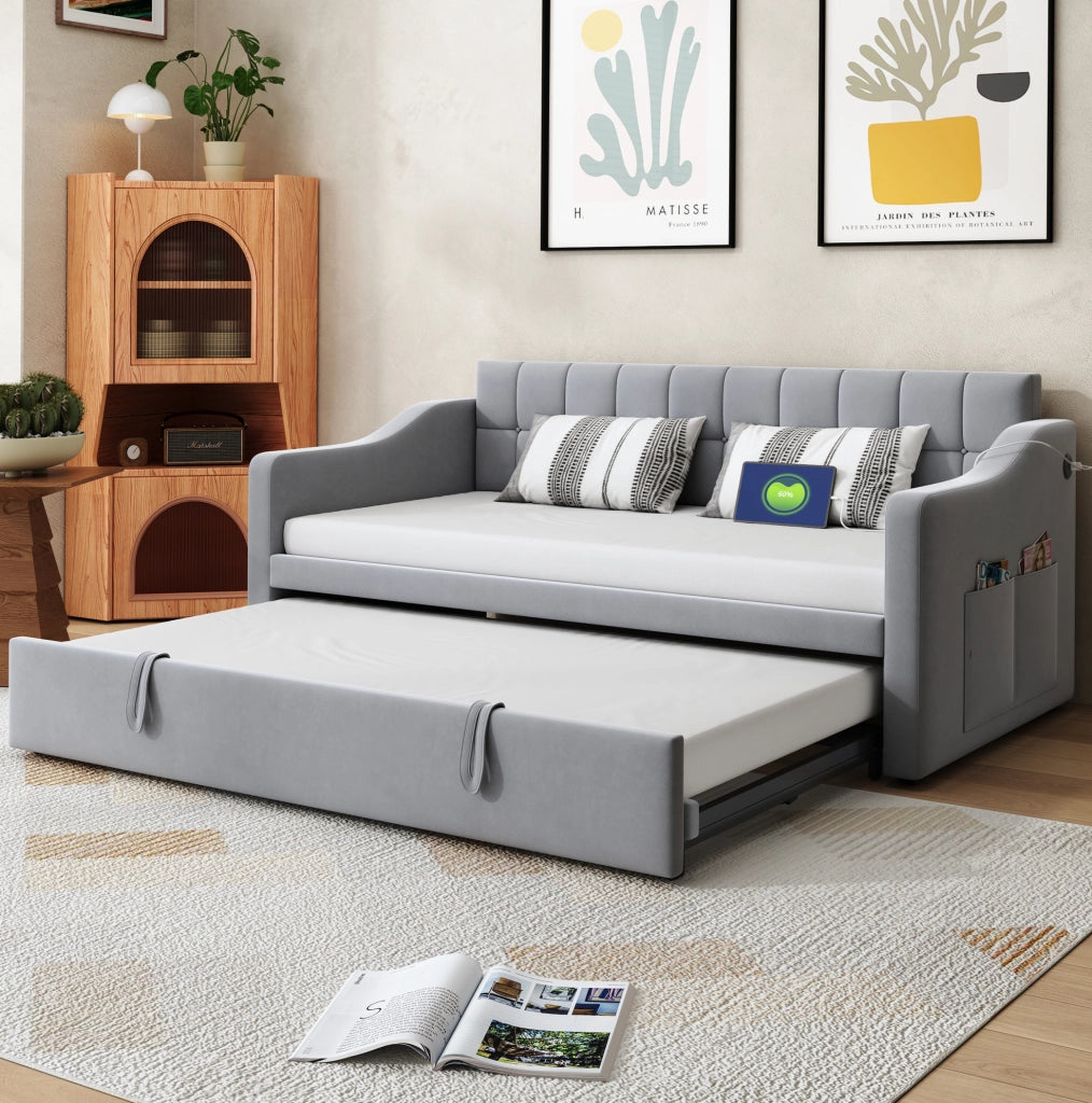 Letto imbottito 90x190 cm estraibile in velluto grigio chiaro