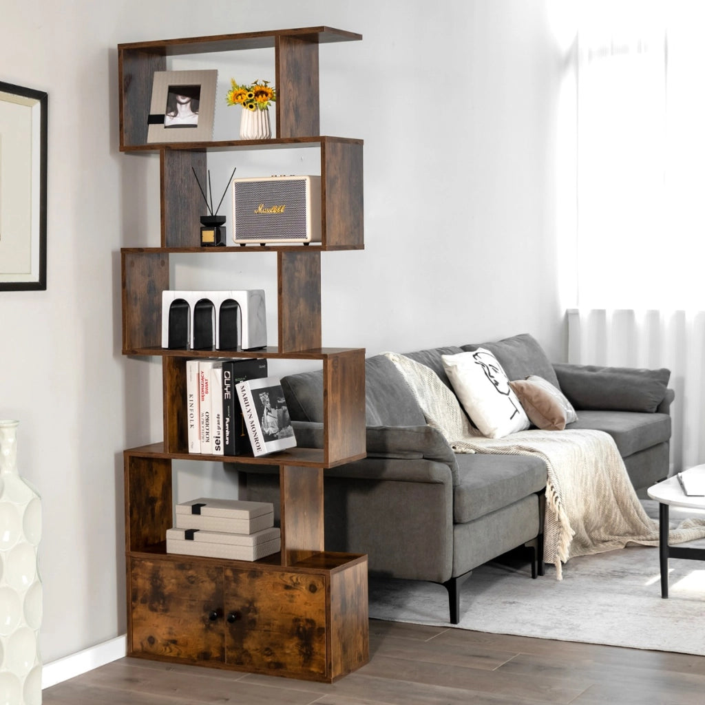 Libreria a forma di S a 5 livelli con ante-Scaffale decorativo in legno per il soggiorno l'ufficio Caff¨¨