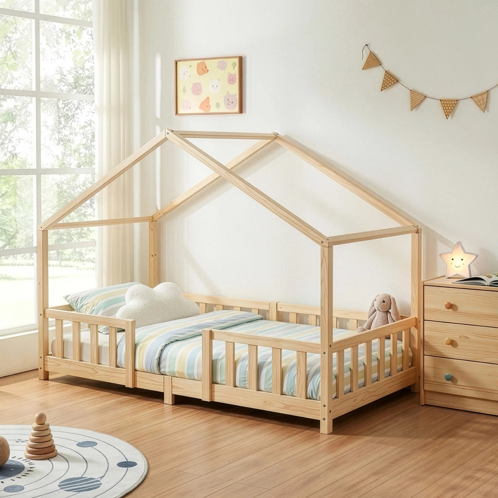 Letto per Cameretta Treviolo a Forma di Casetta in Stile Montessori 90x200 cm Naturale [en.casa]