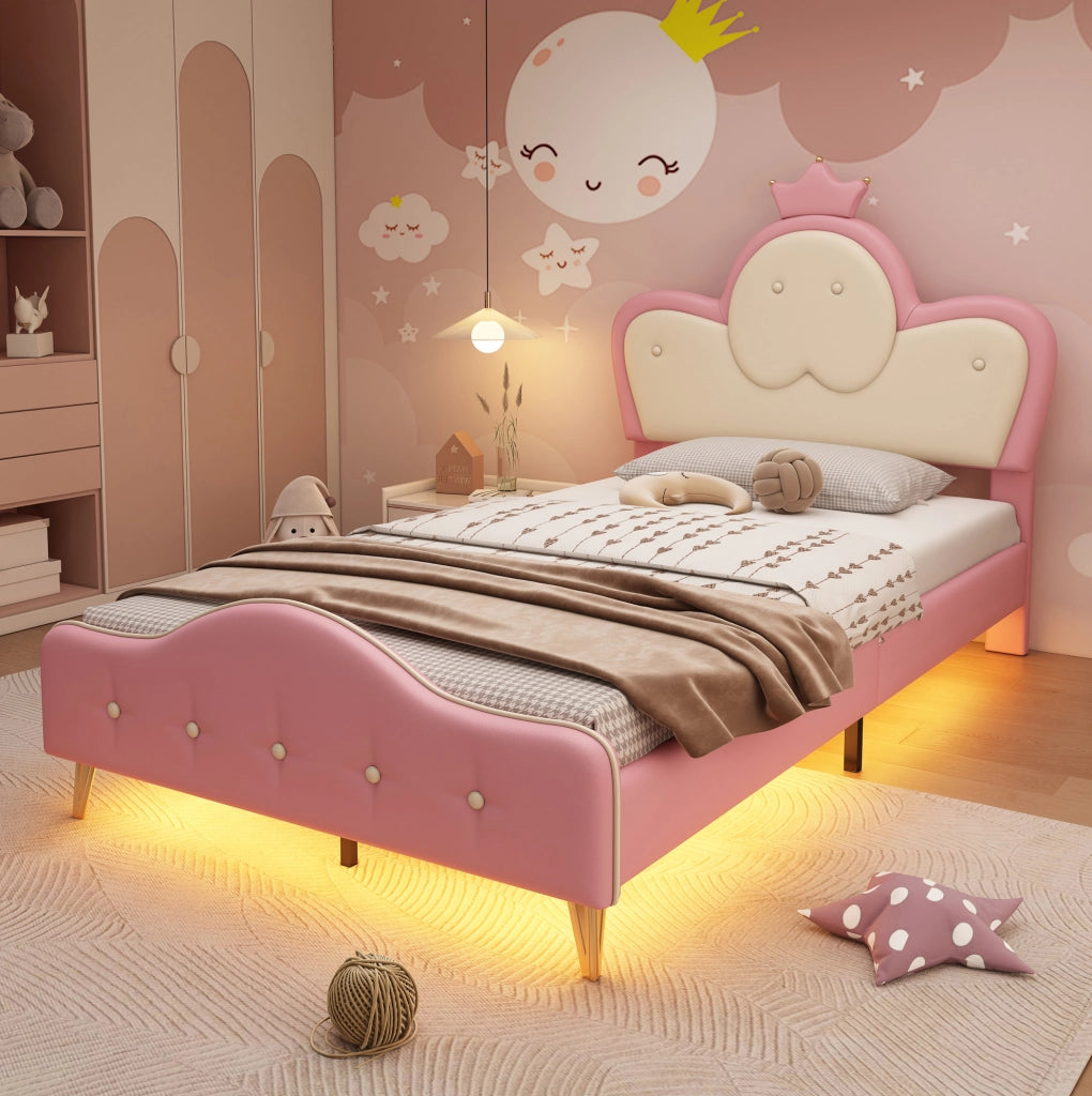 Letto imbottito per bambini con LED e testiera a corona 90x200 cm
