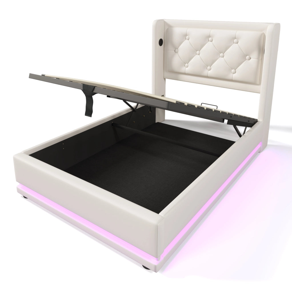 Letto singolo imbottito 90x200 cm in PU bianco con contenitore; USB; Type-C e LED