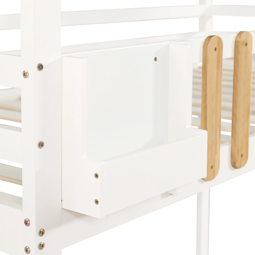 Letto a castello 90x200 cm con scala e vani portaoggetti in legno e MDF bianco naturale
