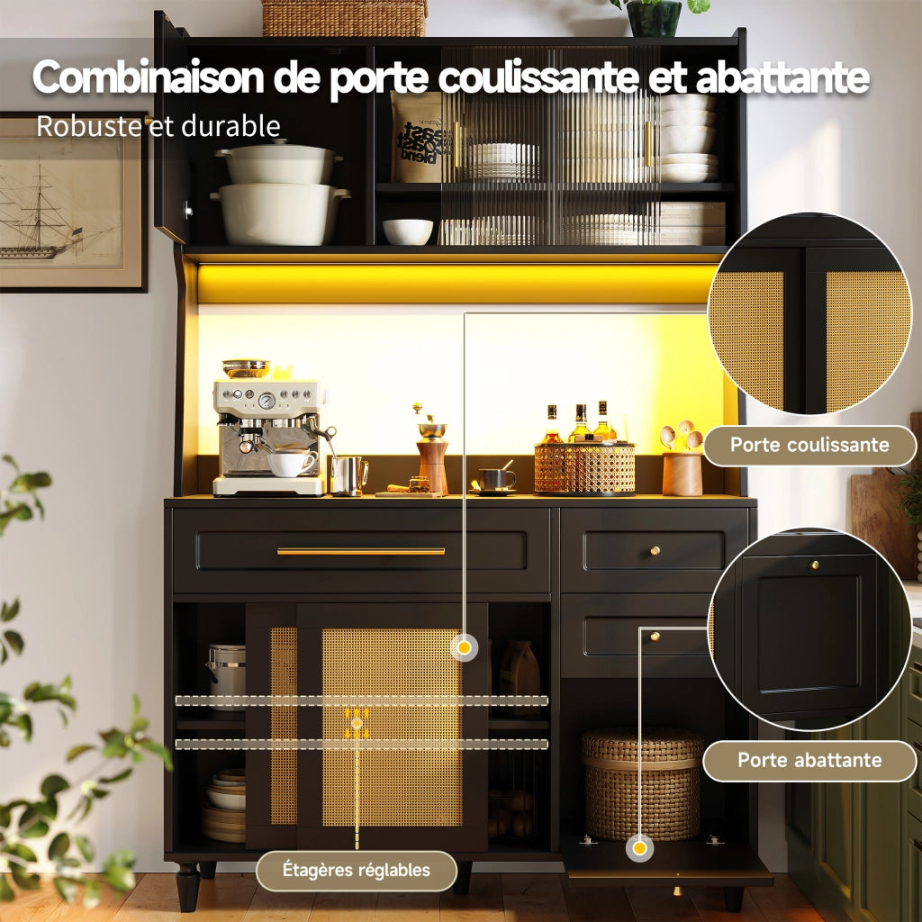 Madia Alta da Cucina con 3 Cassetti; Ripiani Regolabili e LED; per Cucina e Sala da Pranzo; 120 x 45 x 195.5 cm