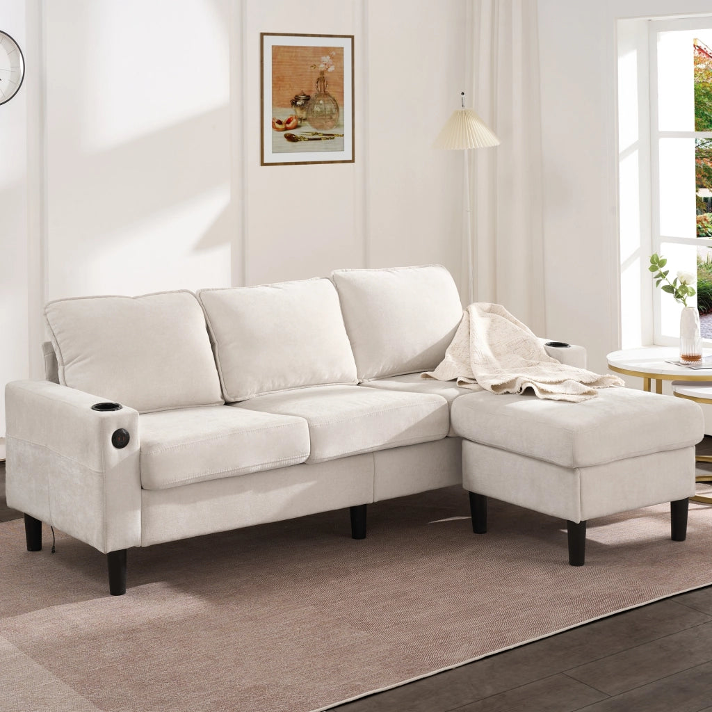 Divano Angolare 3 Posti con USB, Porta Type-C, Pouf Modulare e Portabicchieri, in Lino, Beige