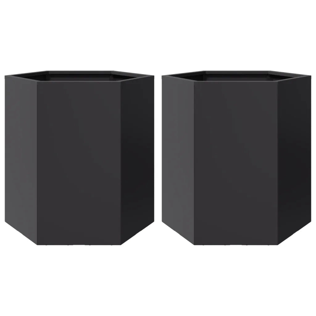 2 pz Fioriere | Cassetta per fiori | Vaso da Giardino Esagono Nero 46x40x45 cm Acciaio