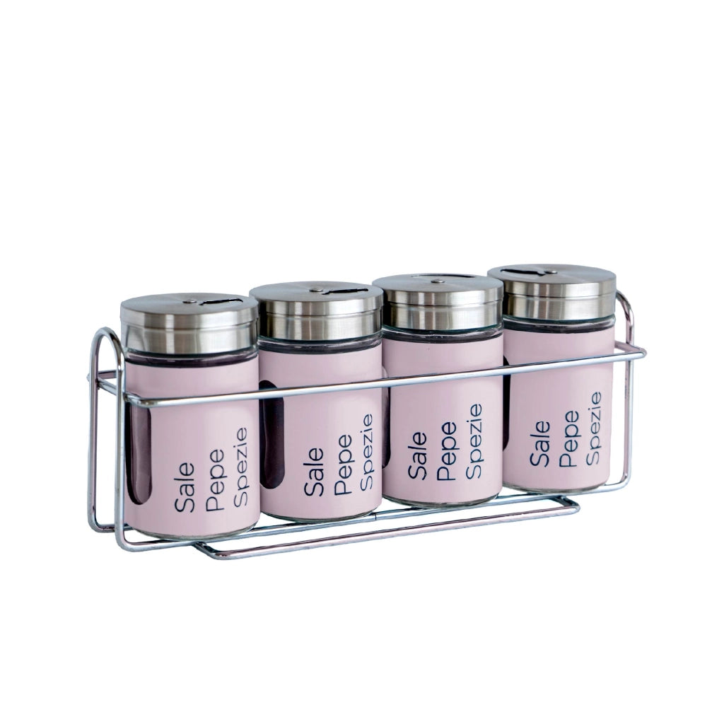 Set 4 Contenitori In Vetro Cucina Portaspezie 90 Ml Con Espositore In Metallo Barattoli Moderni Sale Pepe Rotondi Tappo Girevole Acciaio Per Regolazione Con Moderne Scritte Certificati Contatto Alimentare Glicine