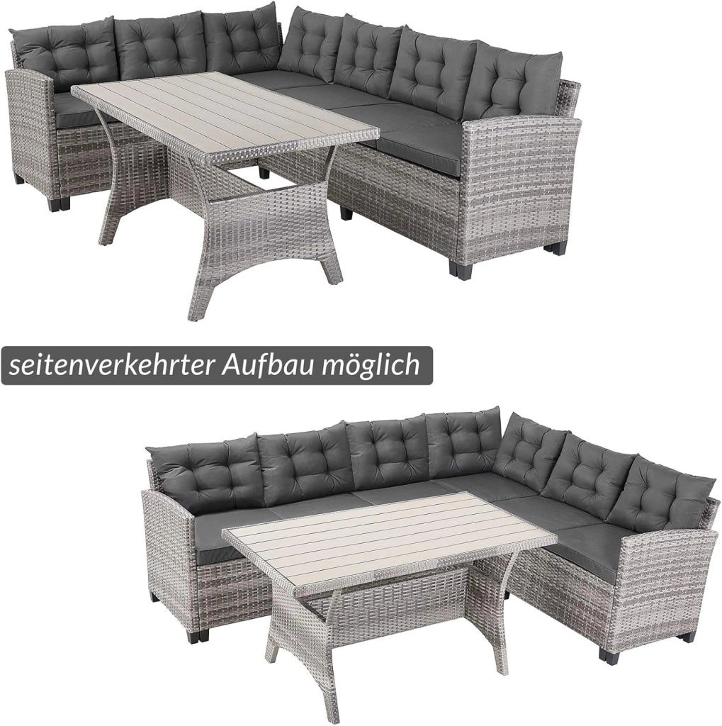 Set Salottino Lounge Polyrattan WPC Tavolo da Pranzo con Copriseduta Cuscini Idrorepellenti Mobili Esterno