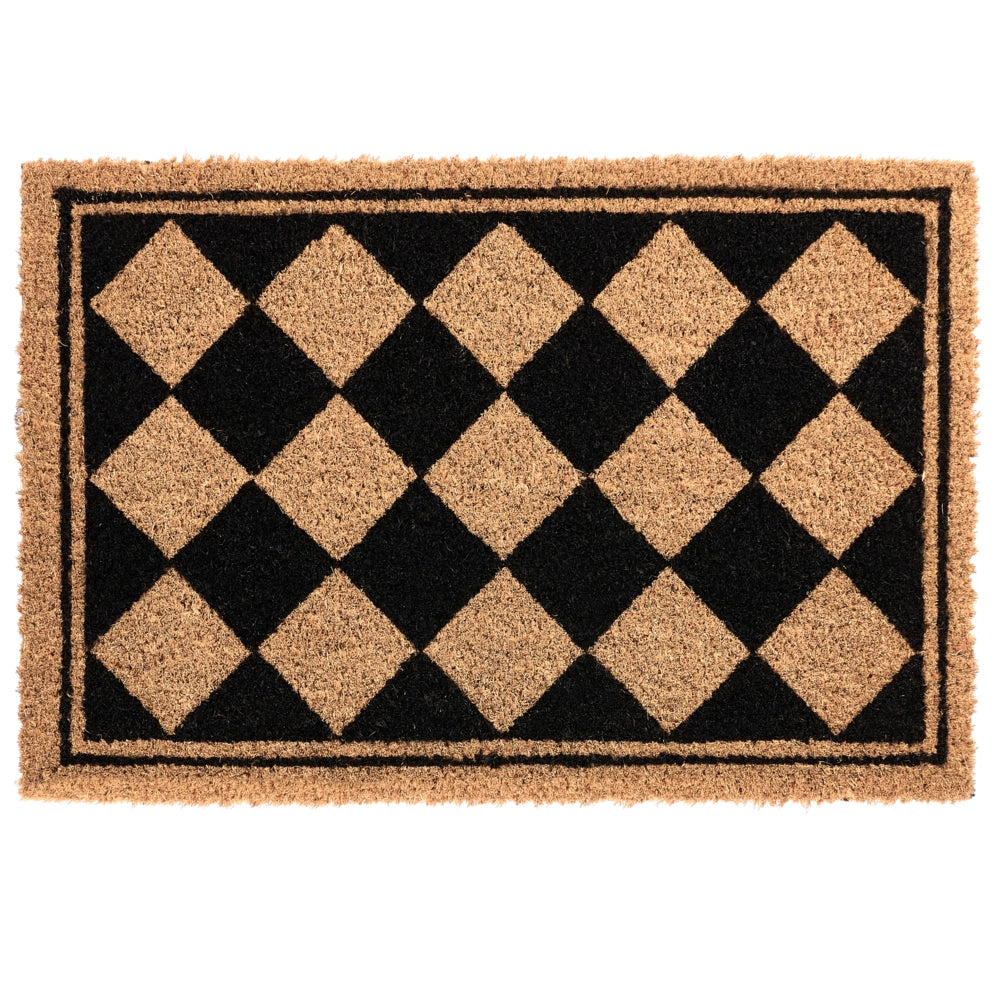 Zerbino in fibra di cocco beige e nero con fondo antiscivolo, 40 x 60 cm. Zerbino decorativo antiscivolo con motivo a rombi