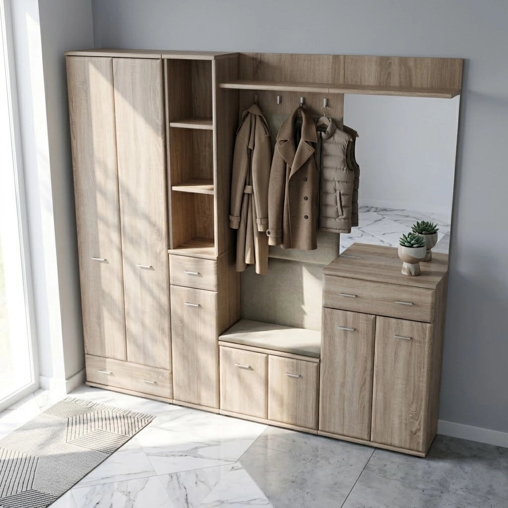 Set Ingresso Scarpiera Appendiabiti Imbottito Mobile Entrata Anta Specchio Vani Guardaroba Ganci Armadio Mobiletto Multifunzione Salvaspazio Corridoio Casa Design Moderno 210 x 32 x 203 Cm Rovere