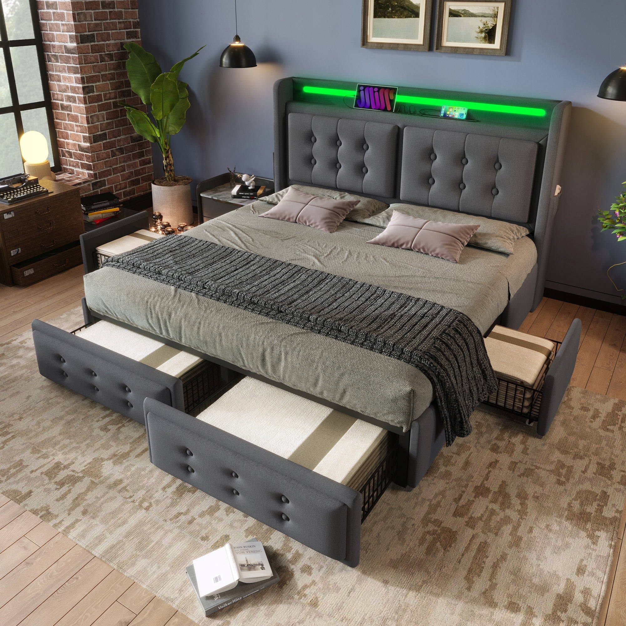 Letto Matrimoniale 140x200 - Xylo - USB-C LED Grigio Con Materasso