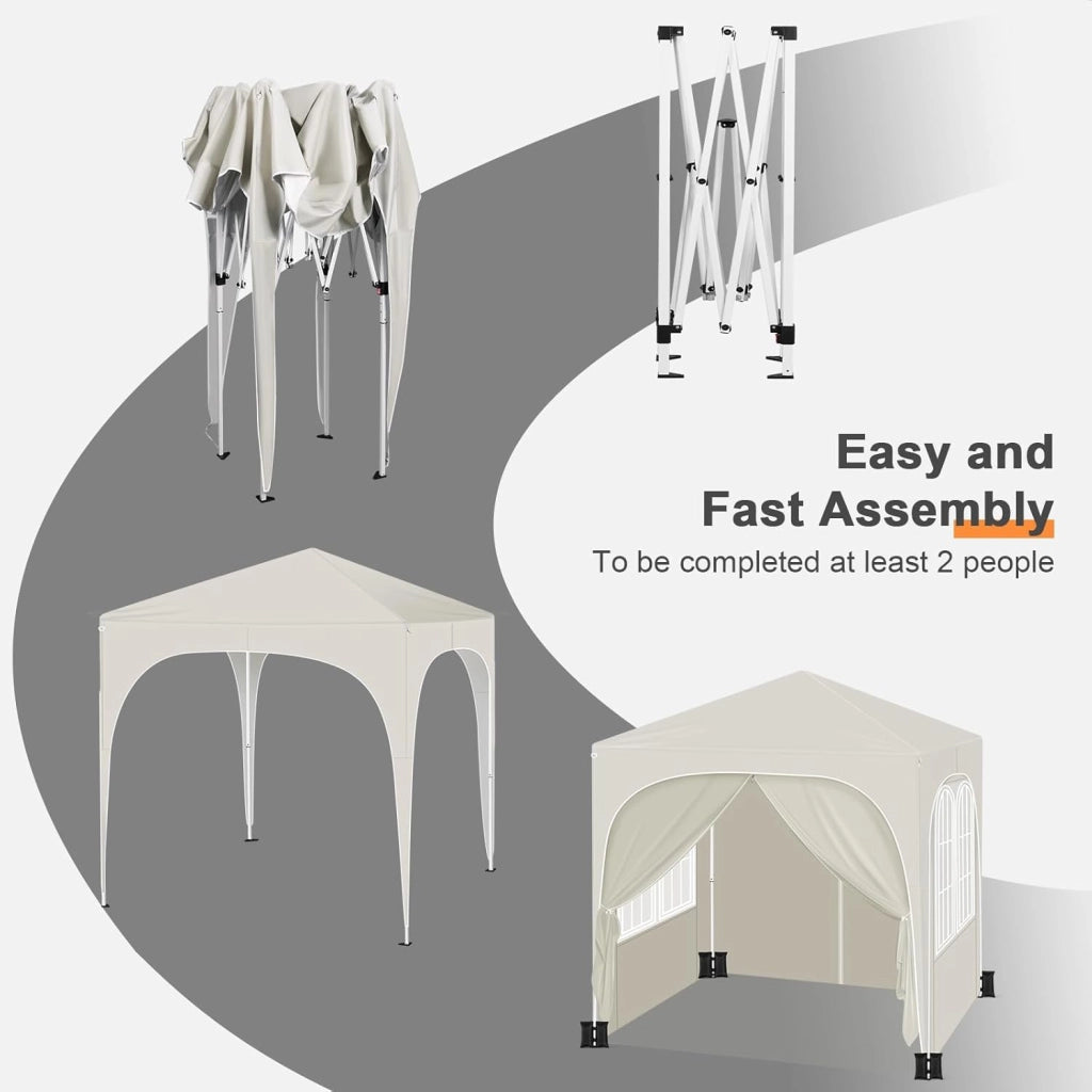 Gazebo da Giardino Richiudibile 2x2m con Pannelli Laterali,Gazebo da Esterno in Ferro Regolabile in Altezza Tendone con Soffitto Semicircolare Pieghevole,Set di 4 Sacchi di Sabbia,Beige