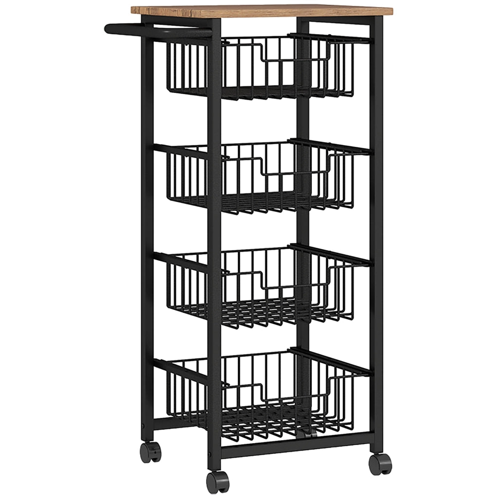 Carrello da cucina con piano di lavoro e 4 cestelli estraibili, in acciaio e finitura rovere, 49,5x31x91 cm