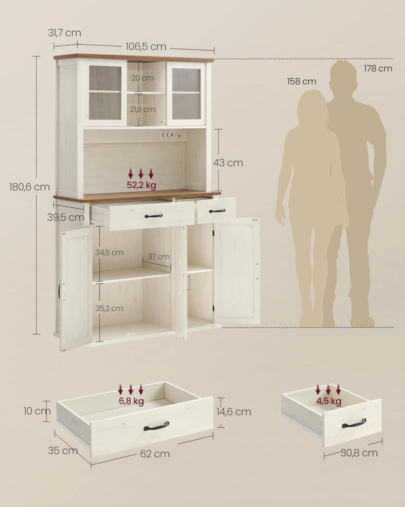 VASAGLE Credenza Cucina con Luce e Multipresa, Mobile Dispensa Cucina con Ante e Cassetto, 39,5 x 106,5 x 180,6 cm, con Ripiani Regolabili, Stile Farmhouse, Bianco Vintage e Marrone Miele BBK391W02