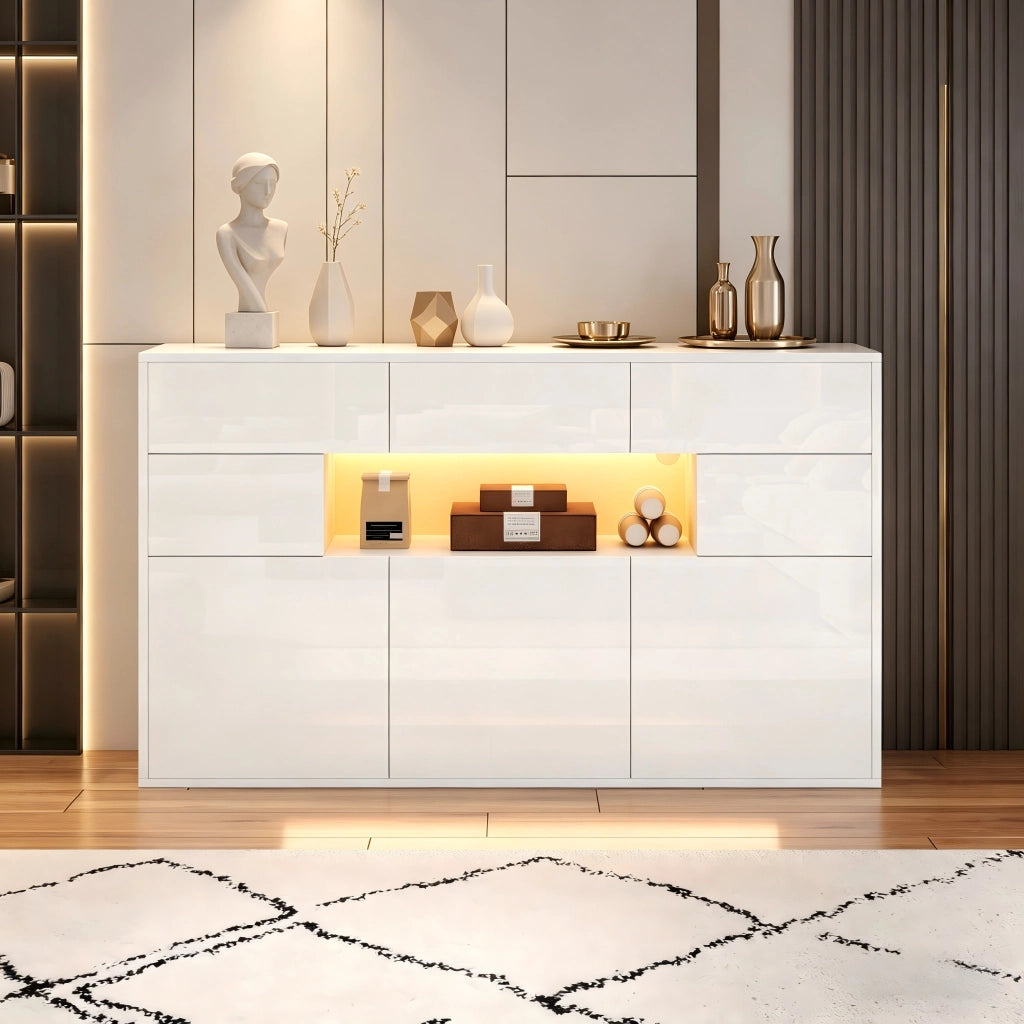 Credenza soggiorno 140 x 30 x 82 cm con 3 cassetti, 5 vani e luce LED, bianco lucido