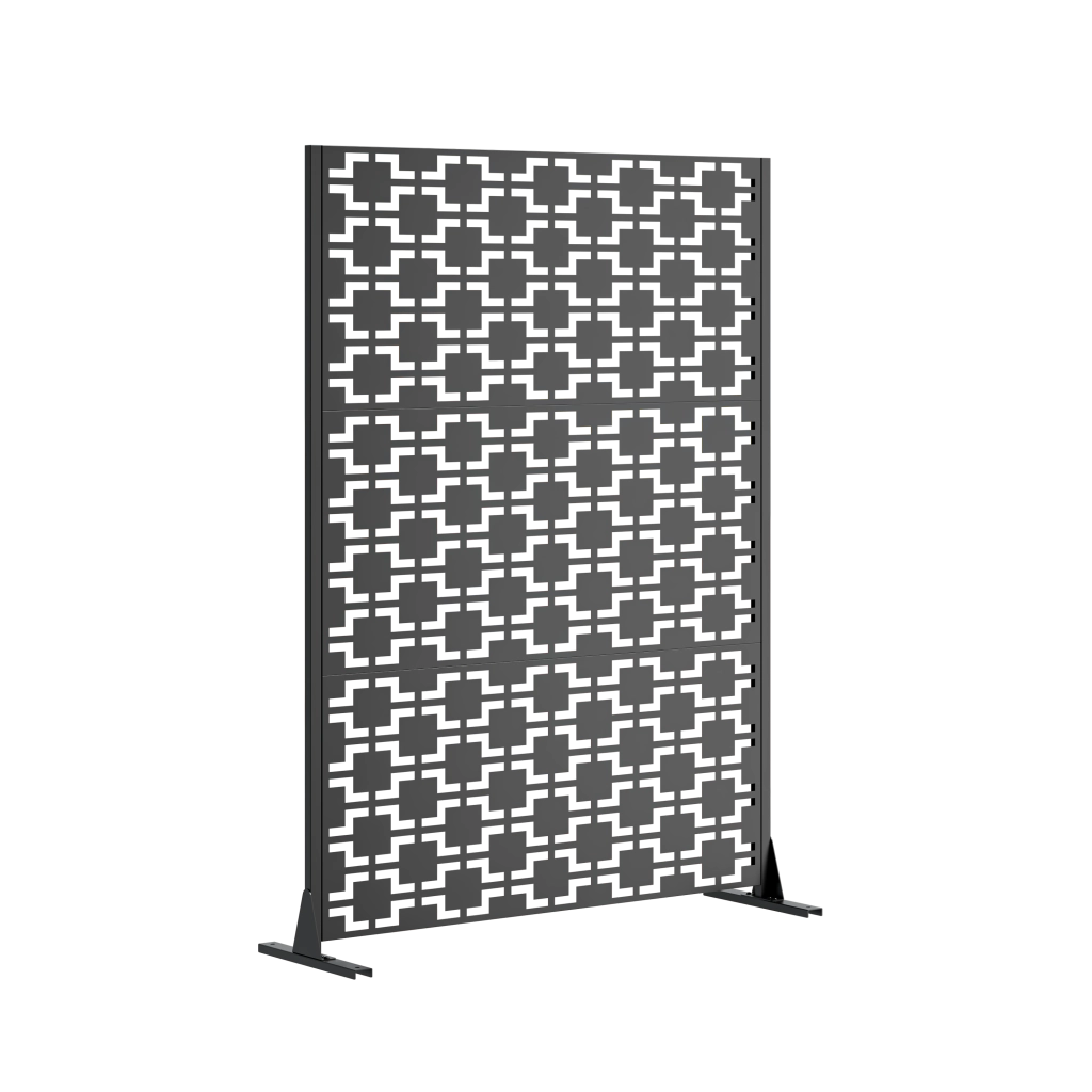 Pannello divisorio da esterni in metallo nero autoportante con base stabile e montaggio rapido 183 × 116 cm