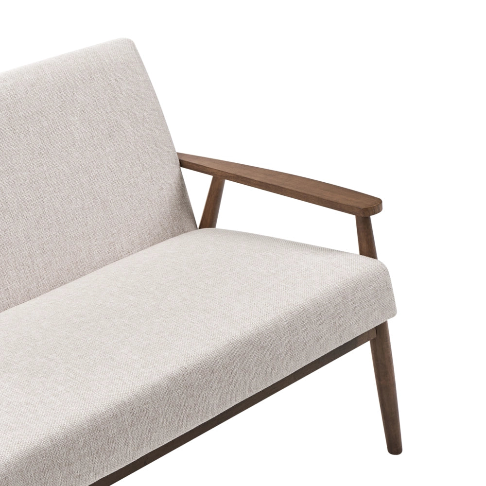 Divano da salotto a 2 posti in tessuto e struttura in legno beige e marrone scuro struttura in legno stile retrò