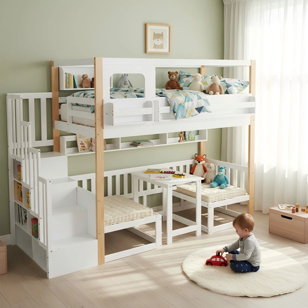Letto a soppalco per bambini 90 × 200 cm con tavolo pieghevole, scala contenitore et sponde di sicurezza, senza materasso, bianco naturale