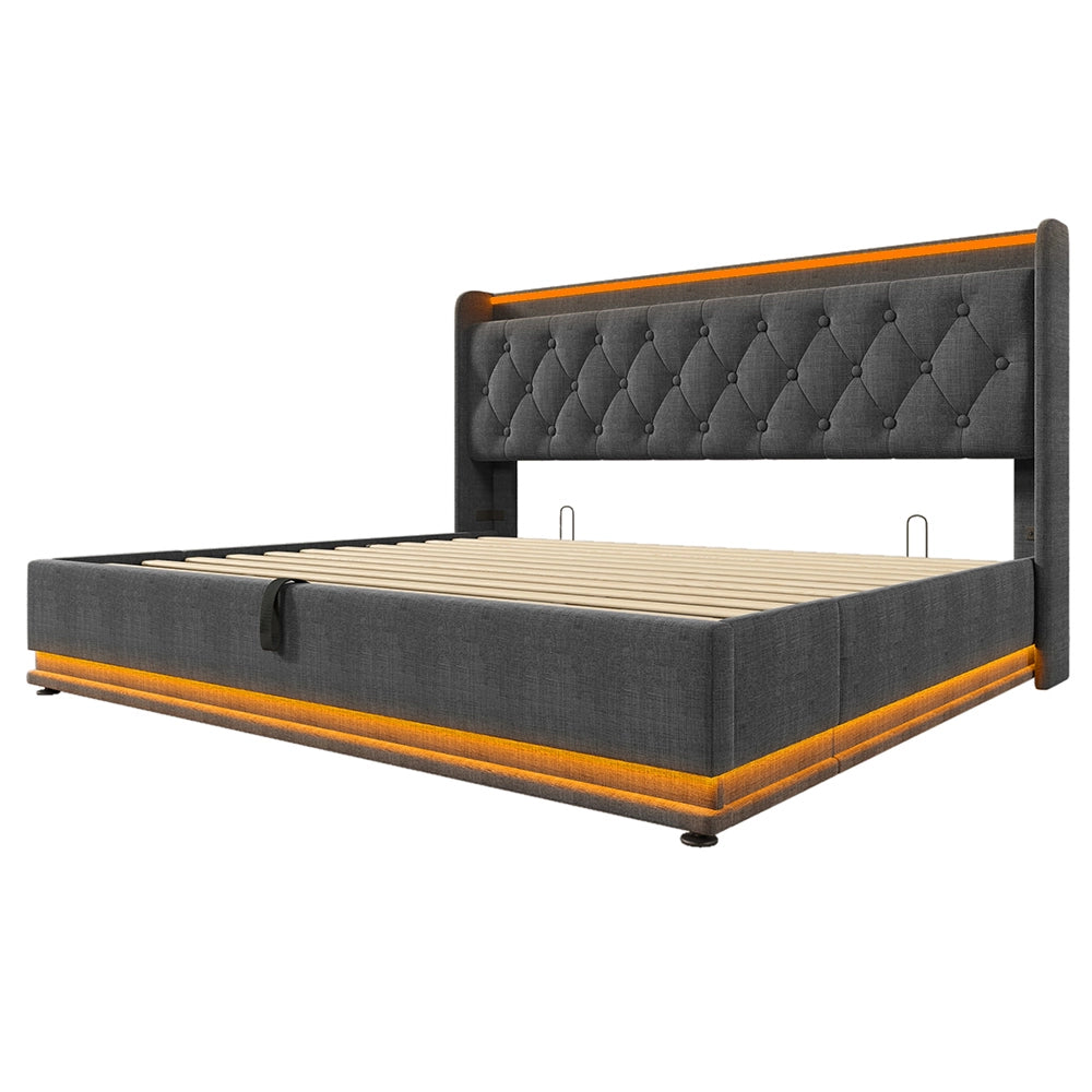 Letto a cassone per adulti - Xylo - 180x200 cm - Grigio - Testiera imbottita, funzione di ricarica USB Type-C
