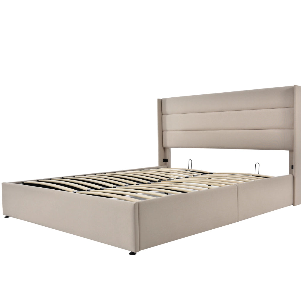 Letto matrimoniale contenitore 140x200 cm in lino beige con rete sollevabile e testiera imbottita